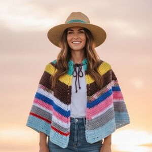 Hand Crochet poncho S/M boho chic vintage clothing colorful